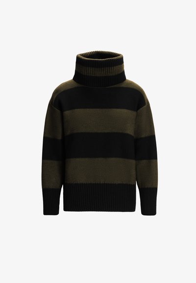 Melns un olīvu zaļš svītrainais augstais piedurkņu džemperis ar augstu ribotu apkakli un teksturētu adījumu, ar ribotām piedurknēm un apakšmalu.