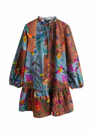Long-sleeve, floral-patterned dress featuring a blue and brown design, gathered neckline, and ruffled hem. Made from lightweight fabric.