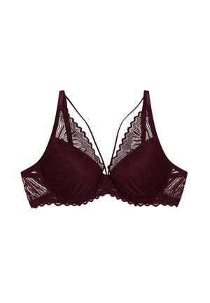 Bordowy koronkowy stanik z falbaniastymi krawędziami, miękkimi miseczkami i misternymi wzorami. Posiada regulowane ramiączka oraz klasyczny stelaż podtrzymujący.
