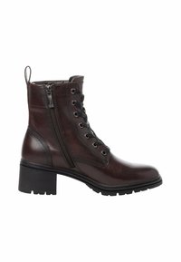 Bottine en cuir marron avec fermeture à lacets et zip latéral, talon épais, semelle en caoutchouc et détails de couture renforcée.