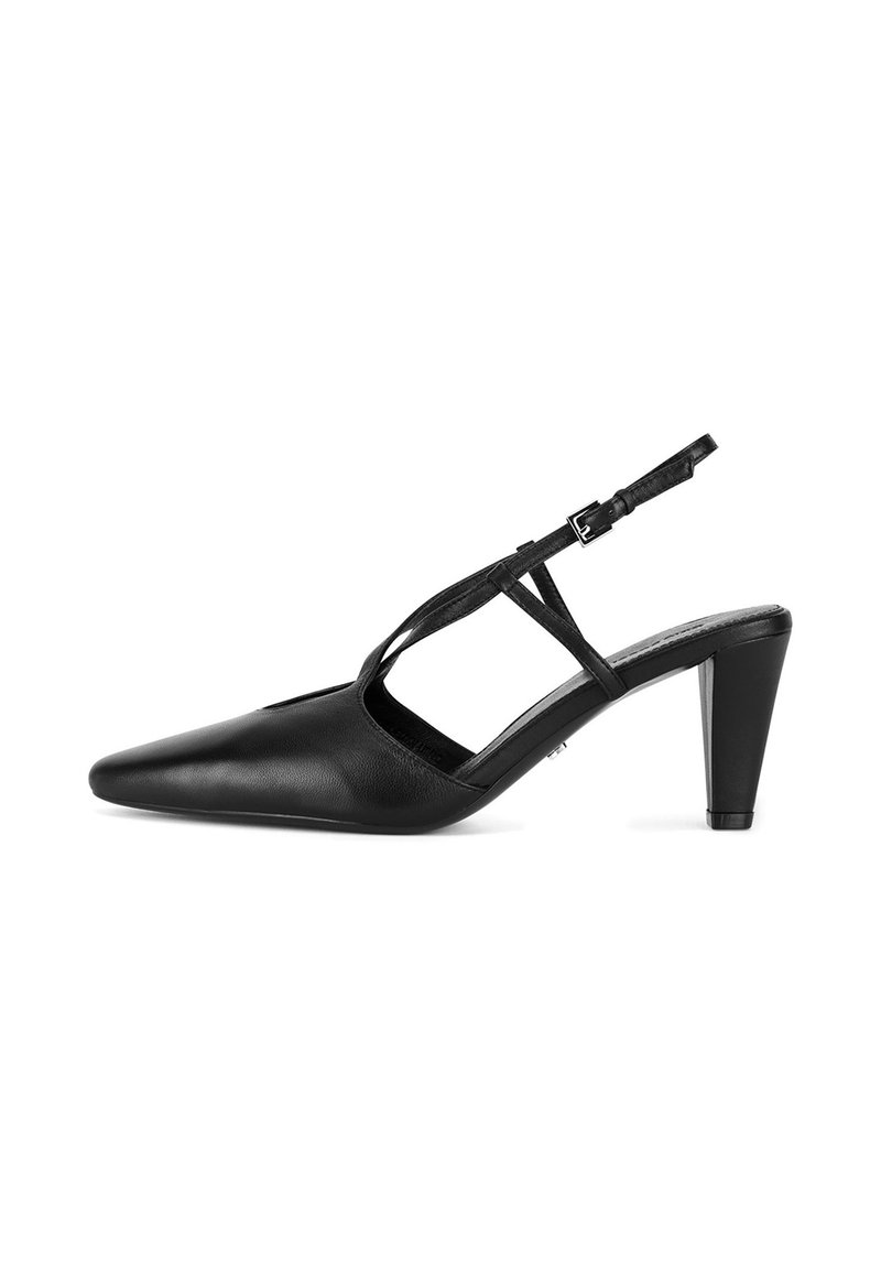 Melnas ādas slingback kurpes ar smailu purngalu, izgrieztiem sāniem un vidēju papēdi. Ar regulējamu siksnu un gludu tekstūru.