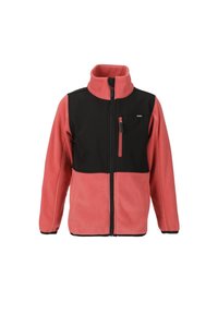 Fleecejakke med en pink krop og sort front, der har en høj krave, en lynlåslomme på brystet og kontrasterende sorte detaljer.