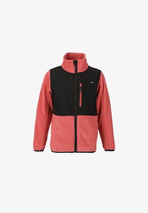 Fleece jack met een roze lichaam en een zwarte voorkant, met een hoge kraag, een rits borstzak en contrasterende zwarte accenten.