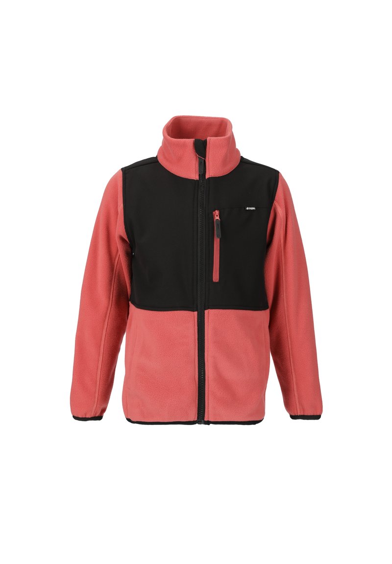 Fleecejakke med en pink krop og sort front, der har en høj krave, en lynlåslomme på brystet og kontrasterende sorte detaljer.