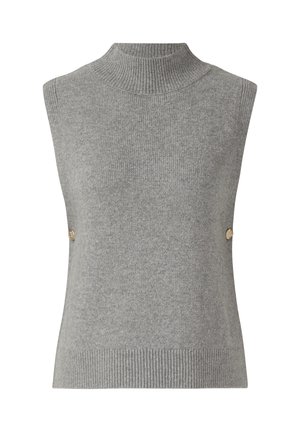 Bezrękawnik w kolorze szarym z dzianiny, z wysokim kołnierzem i dekoracyjnymi złotymi guzikami po obu stronach, z prążkowanym wykończeniem u dołu i przy kołnierzu.