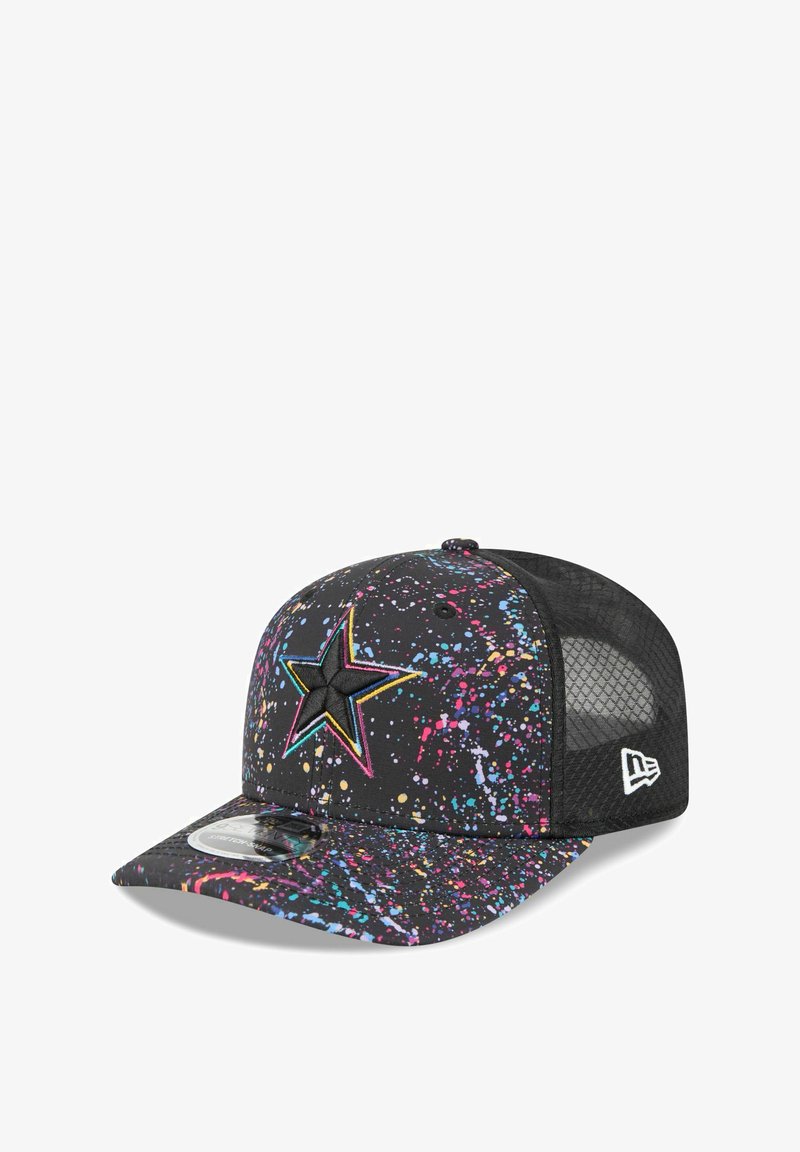 Black cap featuring a splatter pattern in pink, blue, and yellow. A prominent star logo is embroidered on the front. Mesh back design.