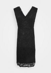 Robe noire sans manches en dentelle avec décolleté en V, taille cintrée et ourlet festonné, ornée de motifs floraux en dentelle sur l'ensemble.