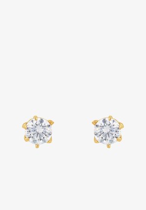 Boucles d'oreilles en or avec des pierres précieuses rondes et claires, montées sur un sertissage à six griffes, mettant en valeur une taille brillante et une finition polie.
