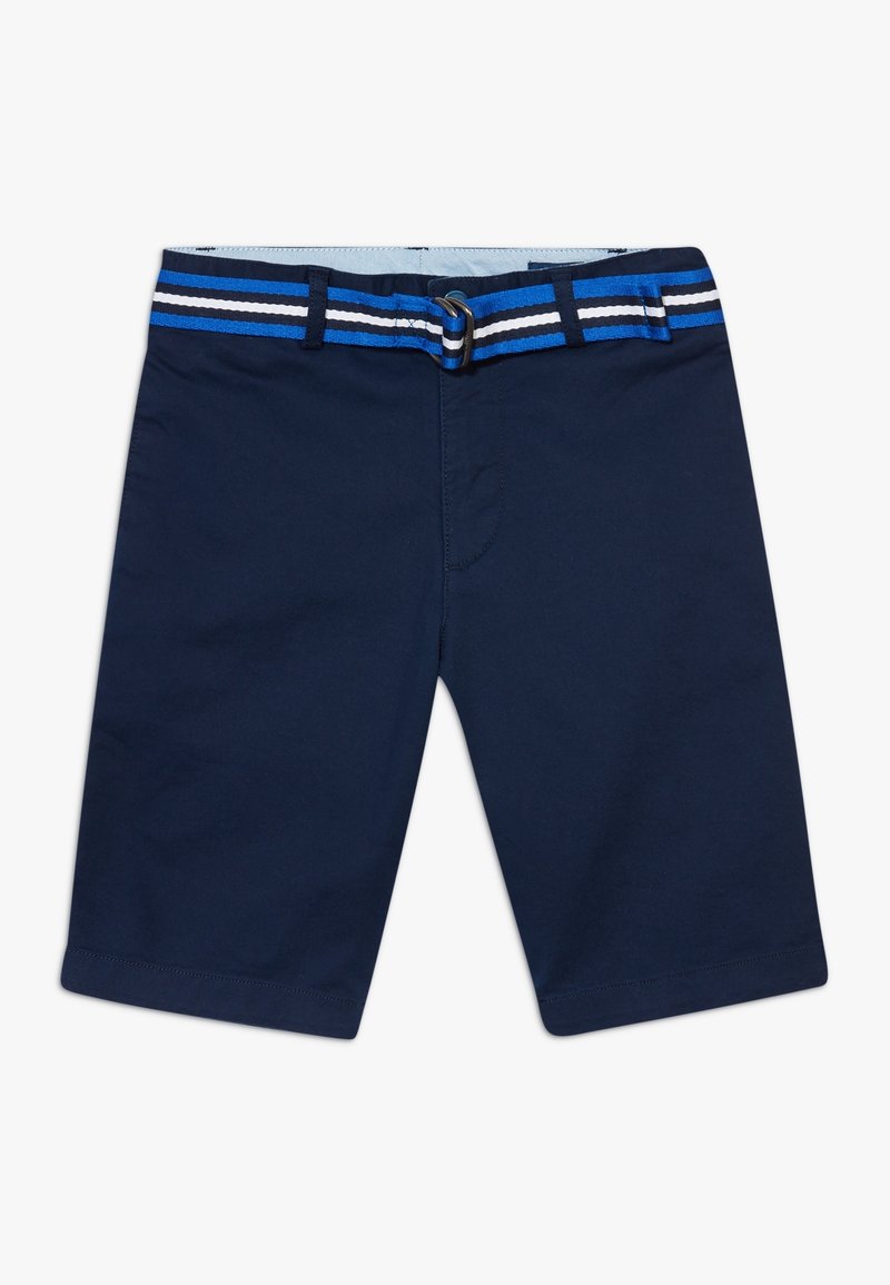 Námořnické modré šortky se rovný střih, s pasem s modro-bílo-světlomodrými pruhovanými akcenty a kovovým zapínáním.