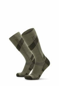 Grüne gemusterte Socken aus einem strukturierten Stoff, mit einer Mischung aus Streifen und Rautenmustern, verstärkten Zehen- und Fersenbereichen.