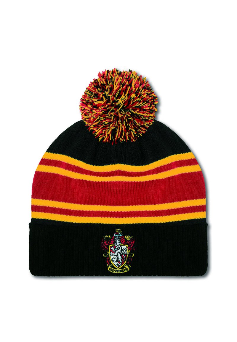 Knit beanie with black, red, and yellow horizontal stripes, featuring a large multicolored pom-pom and a Gryffindor crest on the front.