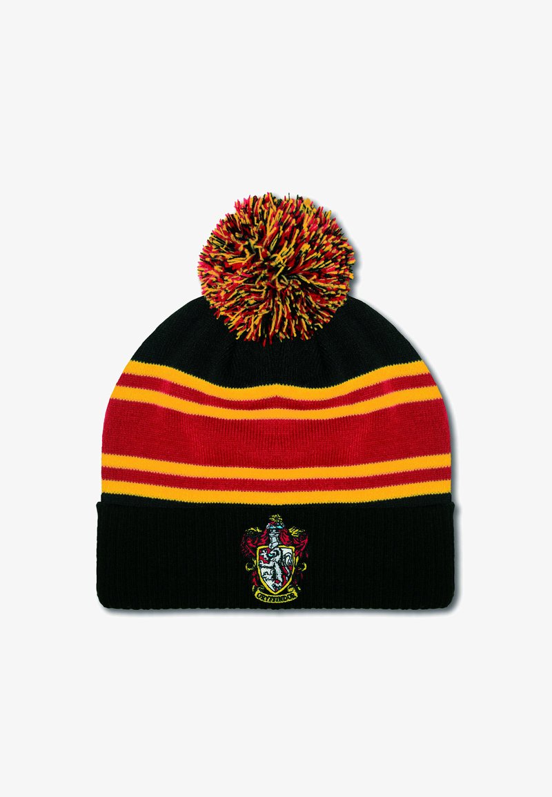 Knit beanie with black, red, and yellow horizontal stripes, featuring a large multicolored pom-pom and a Gryffindor crest on the front.