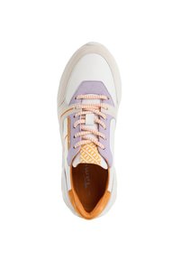 White and lavender sneaker with textured fabric, orange accents, and patterned laces. Features a cushioned insole and padded collar.
