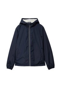 Giacca blu navy con cappuccio, realizzata in tessuto liscio. Presenta una zip frontale, due tasche laterali e un morbido rivestimento in pile bianco.