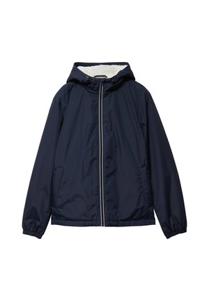 Marineblaue Jacke mit Kapuze, aus glattem Stoff gefertigt. Verfügt über einen Frontreißverschluss, zwei seitliche Taschen und eine weiche, weiße Fleece-Fütterung.