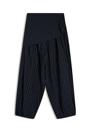 Pantalon ample à carreaux bleu foncé et noir avec une large ceinture pliée et des poignets élastiques froncés aux chevilles.