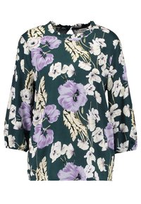 Blommig blus i mörkgrön tyg med lila och vita blommor, med en volangkrage och trekvarts puffärmar.