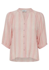Blusa rosa chiaro con righe verticali di un rosa più scuro. Presenta un colletto alla cinese, chiusura a bottoni e maniche puff a tre quarti.