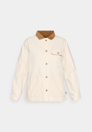 Beige canvas jack met een bruine corduroy kraag, sluiting met knopen aan de voorkant en twee toepatchzakken. Heeft een relaxte pasvorm en lange mouwen.