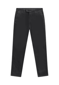 Schwarze Cordhosen mit geradem Bein, Vordertaschen und Knopfverschluss. Weiche Textur mit vertikalen Rippenmustern.