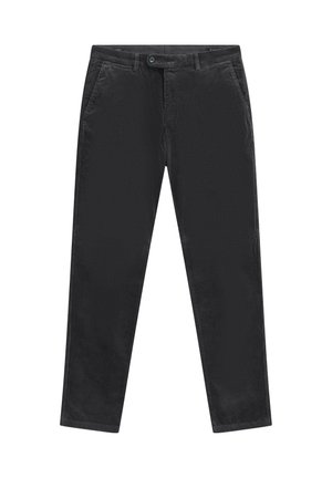 Schwarze Cordhosen mit geradem Bein, Vordertaschen und Knopfverschluss. Weiche Textur mit vertikalen Rippenmustern.