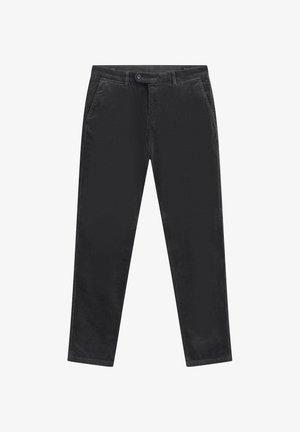 Schwarze Cordhosen mit geradem Bein, Vordertaschen und Knopfverschluss. Weiche Textur mit vertikalen Rippenmustern.