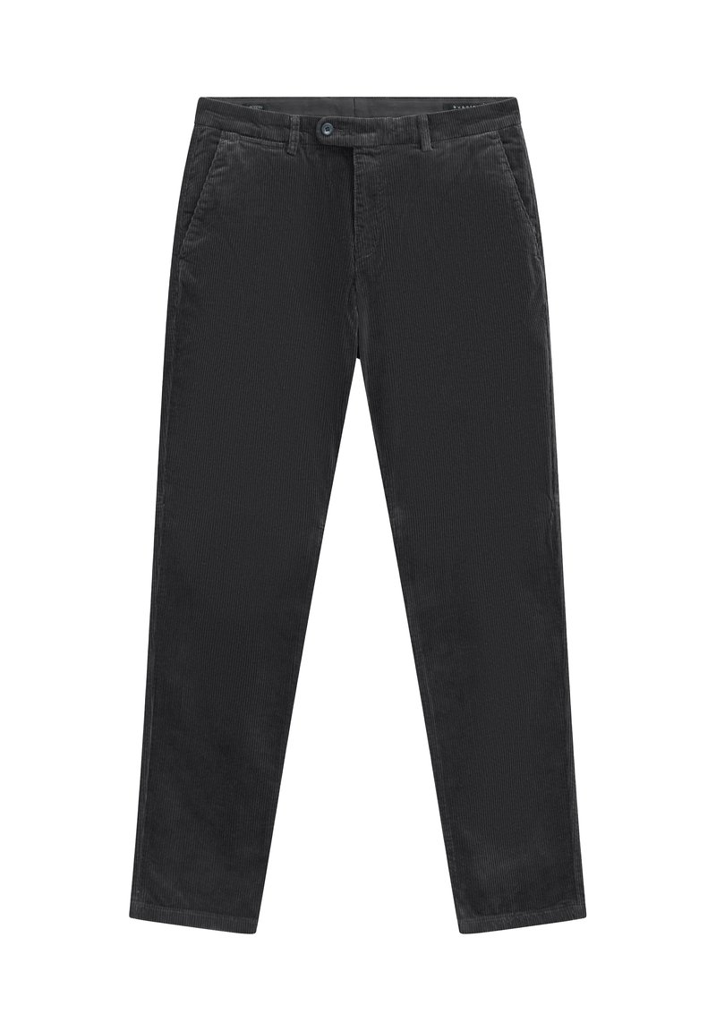 Schwarze Cordhosen mit geradem Bein, Vordertaschen und Knopfverschluss. Weiche Textur mit vertikalen Rippenmustern.