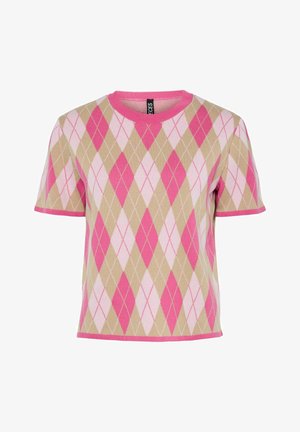 Kortärmad tröja med en argyle-mönstring i rosa, ljusrosa och beige. Stickad textur med en enfärgad rosa rundhalsning och nederkant.