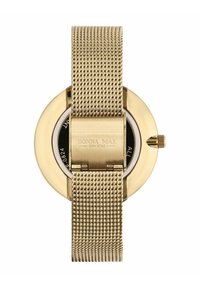 Gouden mesh armband horloge met een ronde kast, glanzende zwarte wijzerplaat en gegraveerde achterkant. Voorzien van een kroon aan de zijkant voor aanpassing.