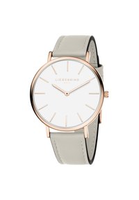 Runde Uhr mit einem weißen Zifferblatt und einem Gehäuse in Roségold. Verfügt über ein hellgraues Lederarmband mit schwarzen Akzenten. Schlichte Stundenmarkierungen und Zeiger.