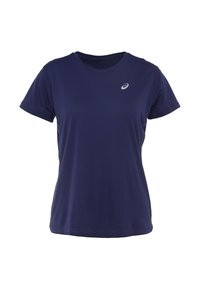 Maglietta sportiva blu navy in tessuto traspirante, con scollo rotondo, maniche corte e piccolo logo sulla parte superiore sinistra.