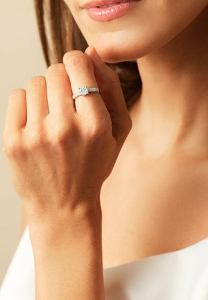 Diamantring mit einem runden Mittelstein, gefasst in einem Silberband mit Pavé-Akzenten, getragen an einer Hand vor einem neutralen Hintergrund.