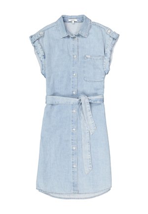Lichtblauwe denim jurk met korte mouwen, knopen aan de voorkant, borstzak, kraag en bijpassende stoffen riem geknoopt in de taille.