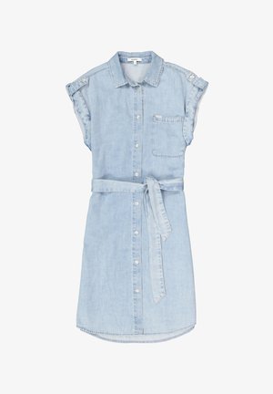 Lichtblauwe denim jurk met korte mouwen, knopen aan de voorkant, borstzak, kraag en bijpassende stoffen riem geknoopt in de taille.