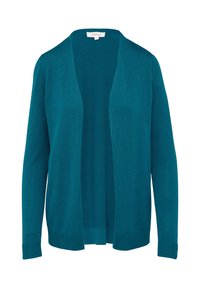 Türkise Strickjacke mit offenem Frontbereich, langen Ärmeln, gerippten Bündchen und Saum. Glatte Textur, leichtes Material, lässiges Design.