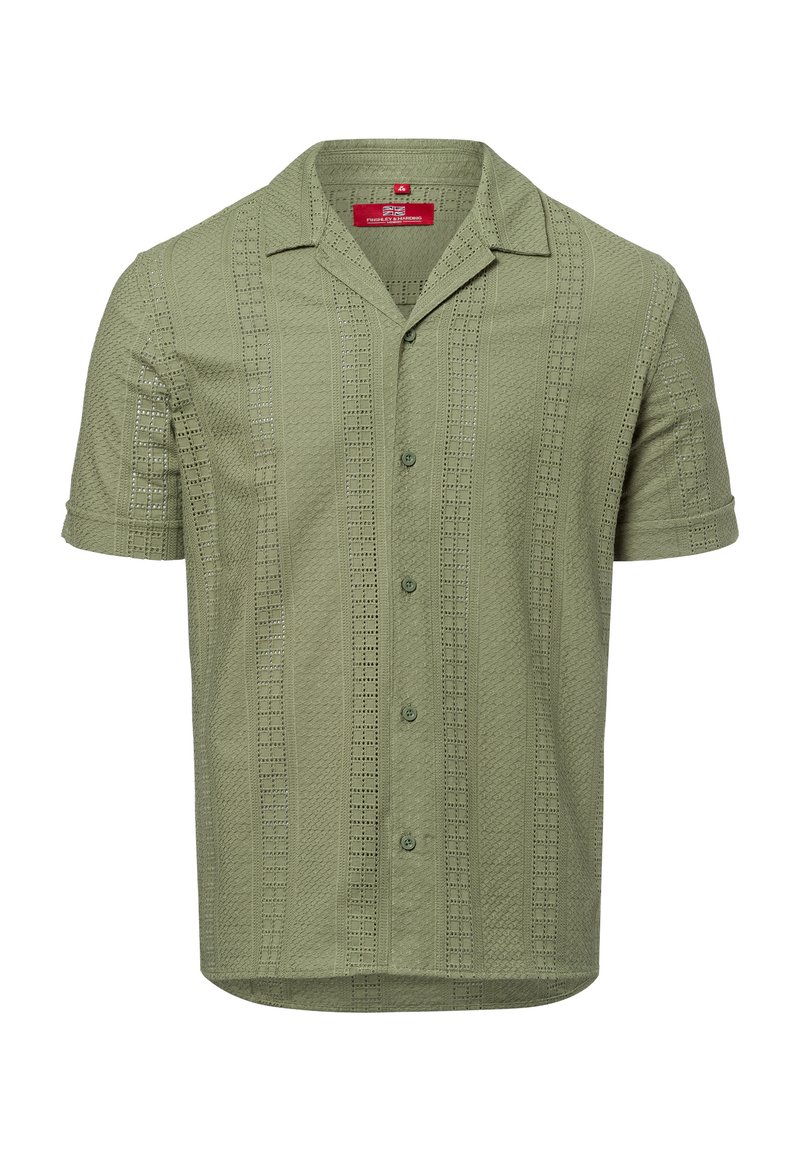 Camicia a maniche corte in tessuto verde chiaro con un motivo testurizzato e tagli verticali, dotata di colletto classico e chiusura frontale con bottoni.