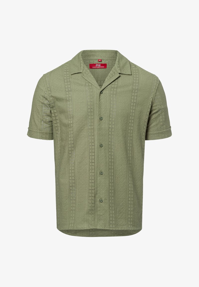 Kurzarmhemd aus leicht grünem Stoff mit strukturiertem Muster und vertikalen Ausschnitten, klassischem Kragen und vorderem Knopfverschluss.