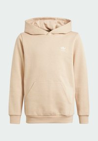 Ljusbrun hoodie gjord av mjukt tyg, med en framficka för händerna, långa ärmar och en vit logga på bröstet. Enkelt design och rundad huva.