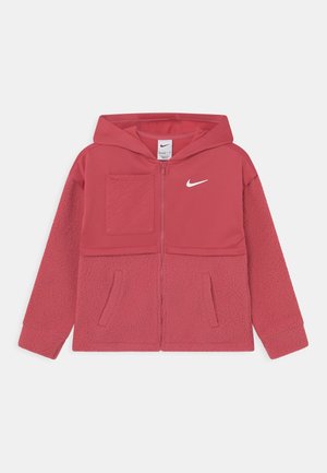 Rosa Nike-Fleecejacke mit Kapuze, durchgehendem Frontreißverschluss, einer Brusttasche und zwei unteren Taschen, mit dem weißen Nike-Swoosh-Logo auf der Brust.
