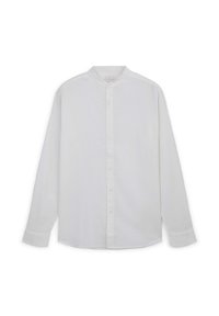 Camicia bianca a maniche lunghe con colletto alla cinese, chiusura frontale con bottoni, tessuto strutturato e orlo dritto con polsini buttoned.