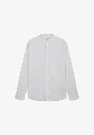 Camicia bianca a maniche lunghe con colletto alla cinese, chiusura frontale con bottoni, tessuto strutturato e orlo dritto con polsini buttoned.