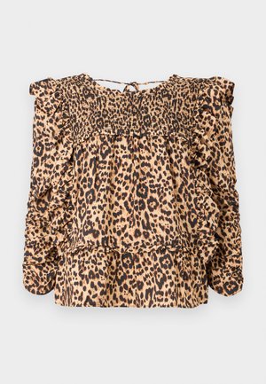 Leopard print blouse featuring a smocked bodice, ruffled sleeves, and a relaxed fit; made from lightweight fabric in beige and black tones.
