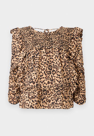 Blouse met luipaardprint, voorzien van een smock-borststuk, ruches op de mouwen en een ontspannen pasvorm; gemaakt van een lichtgewicht stof in beige en zwarte tinten.
