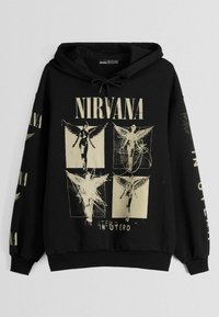 Sudadera negra con capucha ajustable que presenta el logo dorado de Nirvana y gráficos de figuras angelicales en la parte delantera y las mangas.