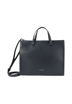 Navyblaue strukturierte Handtasche aus strukturiertem Leder, mit doppelten oberen Tragegriffen und einem abnehmbaren Schultergurt. Logo auf der Vorderseite angebracht.