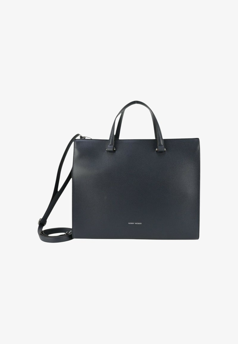 Borsa strutturata blu navy in pelle texturizzata, dotata di manici superiori doppi e una tracolla rimovibile. Logo visibile sul fronte.