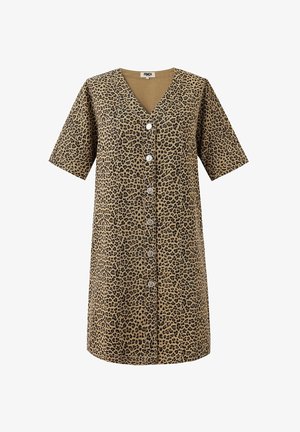 Leopardenmuster Kleid in Beige und Schwarz, mit kurzen Ärmeln, V-Ausschnitt und durchgehender Knopfleiste mit fünf Knöpfen sowie lockerer Passform. Aus Baumwollmaterial.