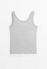 Lichtgrijs mouwloos tanktop met ronde hals, plat gelegd op een witte achtergrond.