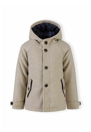 Manteau beige à capuche avec fermetures à boutons noirs, deux poches devant à rabat et poignets ajustables avec boutons, présenté sur fond blanc.