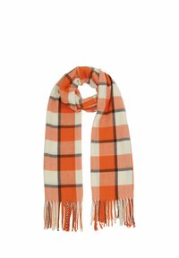 Orange and white checked scarf with fringed ends, loosely looped in the center on a white background.